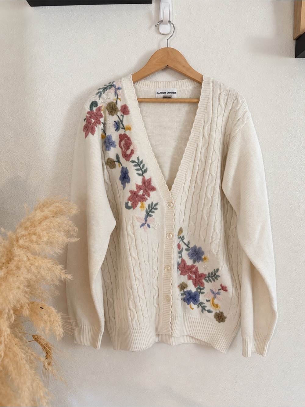 Vintage 90s Alfred Dunner Floral Embroidered Cable Knit Cardigan Sweater M